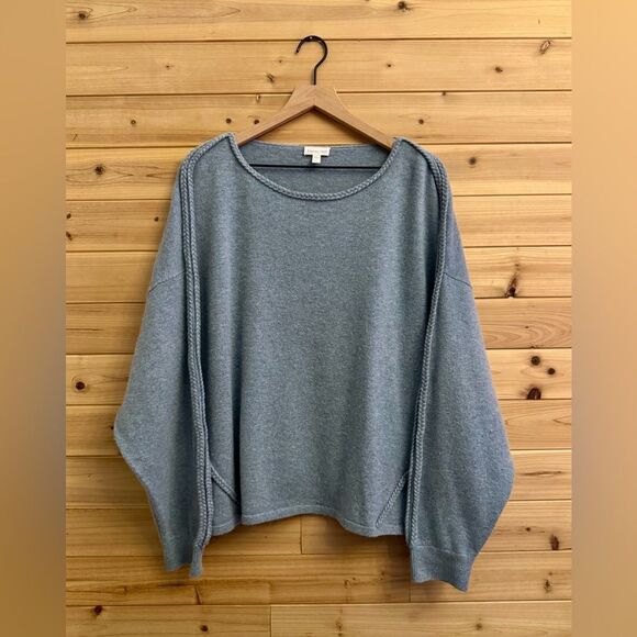Garnet Hill Size Large Gray Blue Cashmere Braid Detail Pullover Sweater - Picture 1 of 11
